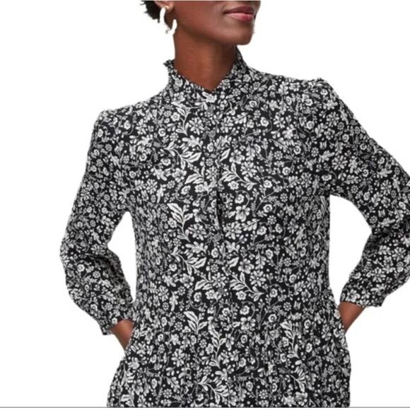 J. Crew Shirtdress in Tossed Bouquet Floral Print Black White Midi Dress Small - Picture 1 of 12